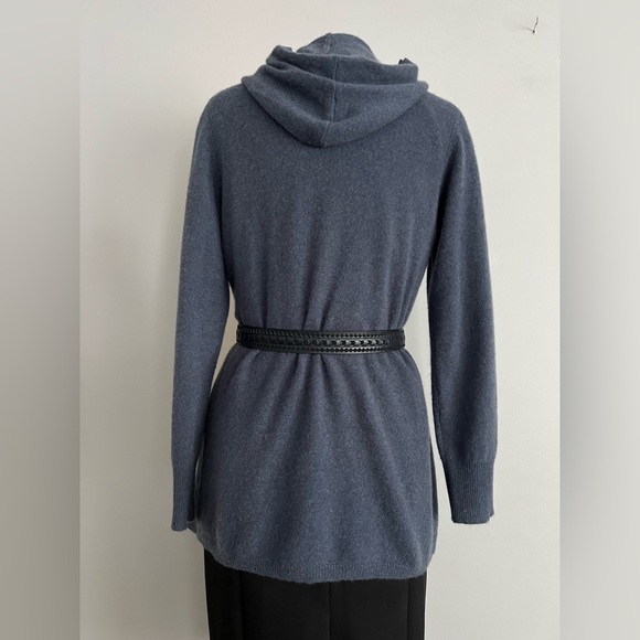 Tahari Hooded Cashmere Long Cardigan Sweater Coat Wrap Blue Womens M - Picture 3 of 17